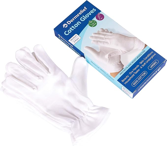 Dermrelief Cotton Gloves - for Beauty, Dry Hands, Eczema, Dermatitis and Psoriasis (Medium, 3 Pairs)
