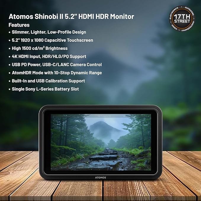 Atomos Shinobi II 5.2" HDMI Camera Monitor with HDR Touchscreen Display | Lightweight Monitor for Photography with Battery, Charger and Camera Hot Shoe Mount Advanced Bundle Set
