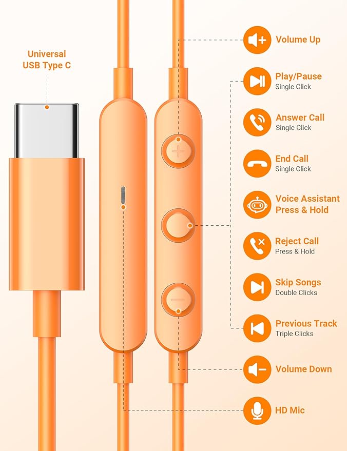USB C Earbuds with Microphone Cute in Ear Wired Headphone USB-C Plug Ear Buds Corded Head Phone Magnetic Type C Earphone for iPhone 17 Pro Max 16 Plus 15 16e for Samsung A17 A16 S26 S25 S24