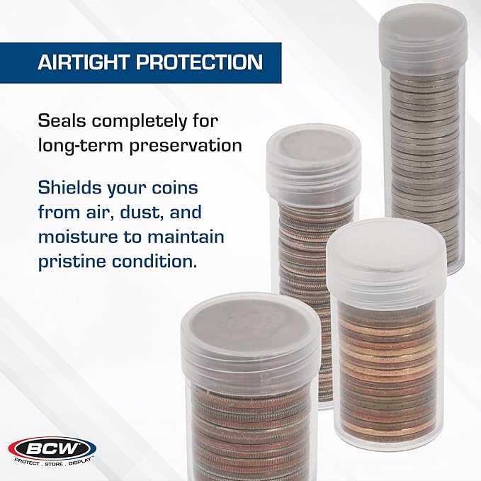 COIN STORAGE TUBES, round clear plastic w/ screw on tops for DIMES (Quantity of 25 tubes)