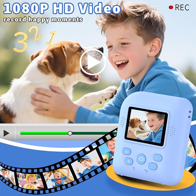 Okaloka Kids Instant Print Camera Toys,1080P HD Toddler Digital Video Camera,Christmas Birthday Gifts for Girls Boys Age 3-12 Year Old - 32G SD Card Included (Blue)