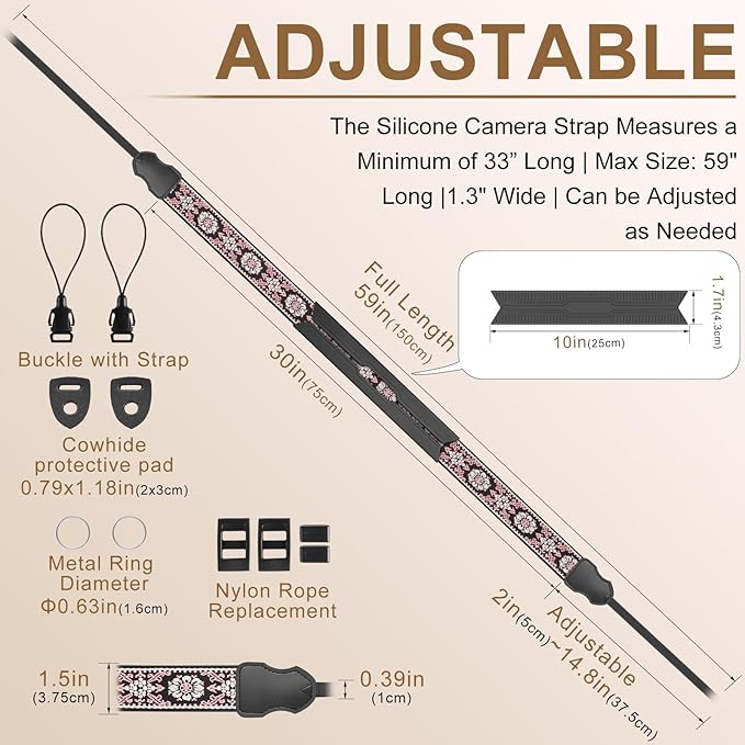 Neck Strap Silicone Camera Straps - Padded Camera Strap, 1.5" Wide Adjustable Nylon Shoulder Strap - Compatible with Canon, Nikon, Sony, and More DSLR and Mirrorless Cameras (Off White)