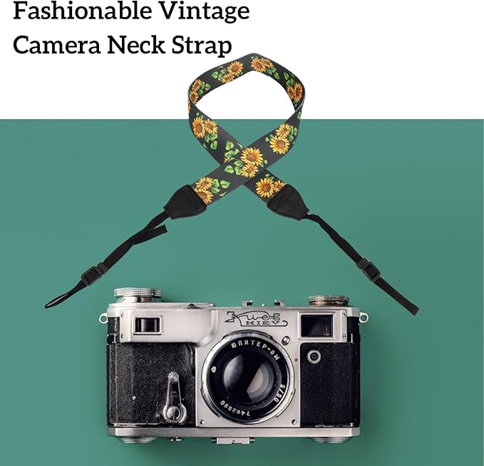 Cyrank Camera Neck Straps,Camera Neck Shoulder Strap Camera Strap Leather Photography Accessory Neck Strap Belt Camera Harness Fashionable Vintage Ethnic Style Sunflower