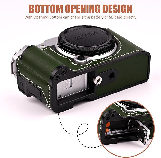 Uchandmade Handmade Genuine Leather Camera Half Case for Fujifilm X-M5/Fujifilm X-M5 Camera Case/Fujifilm X-M5 Case - Top Layer Cowhide Body + Metal Base Plate+ Hand Shank Design (Green M-BOX)