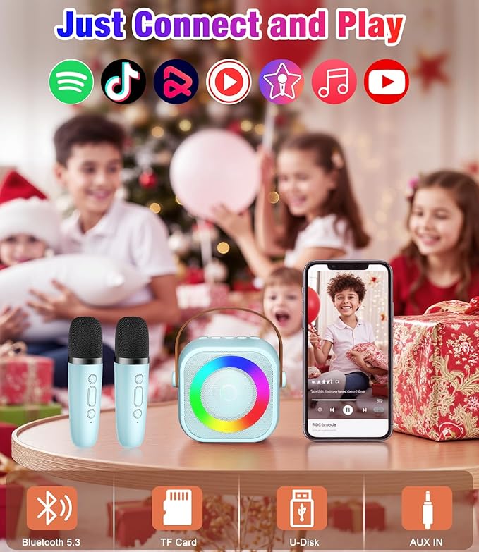 Mini Karaoke Machine, Portable Bluetooth Speaker with 2 Wireless Microphones for Kids & Adults, Karaoke Microphone with LED Lights, Gifts for Girls & Boys_Blue