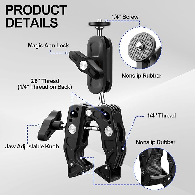 Super Clamp Camera Mount with 360 Dual Ballhead Magic Arm, 1/4"-20 & 3/8"-16 Thread and Phone/Action Camera Mount Adapter for Canon Nikon DSLR Camera/Gopro/LED Light/Monitor