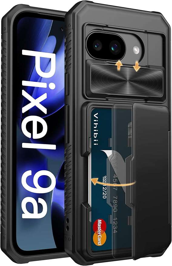 Vihibii for Google Pixel 9a Wallet Case with Card Holder (4 Cards), [RFID Blocking] & Slide Camera Cover & Raised Edges Protect Screen, Shockproof Rugged Phone Cover for Google Pixel 9a 2025, Black