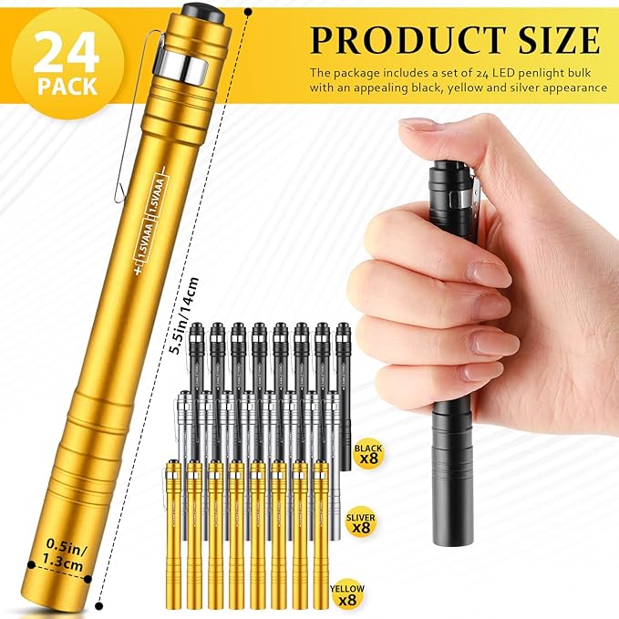 24 Pack Christmas Mini Pen Flashlights Bulk Gifts LED Pen Lights Aluminum Pocket Flashlights with Clips Small Handheld Torches for Men Camping Hiking Emergency Outdoor (Black,Silver,Yellow)