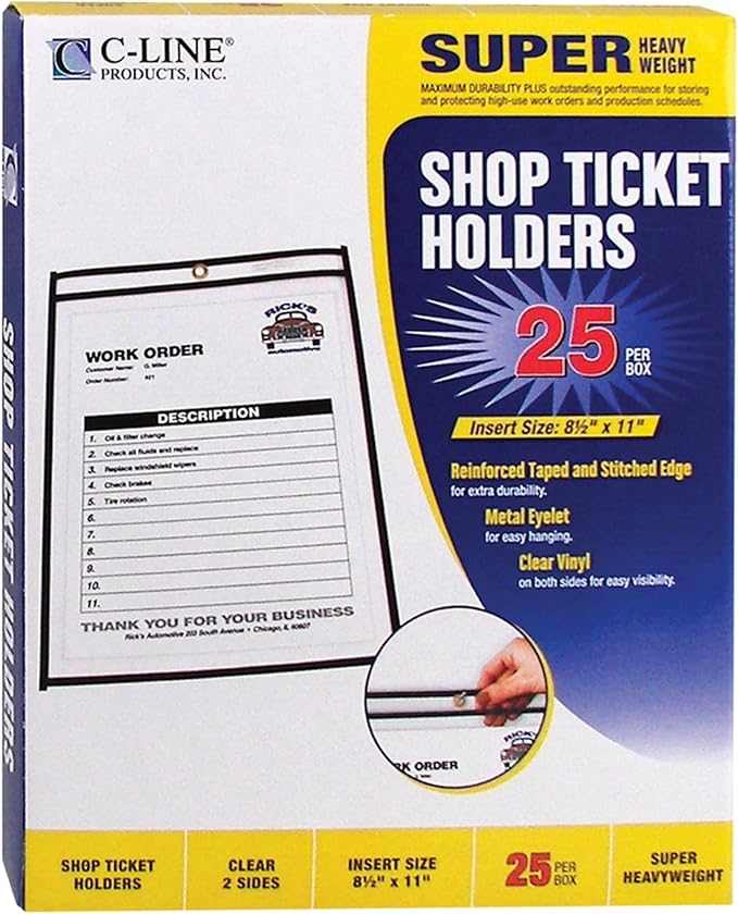 C-Line Stitched Shop Ticket Holders, Both Sides Clear, 8.5 x 11 Inches, 25 per Box (46911)