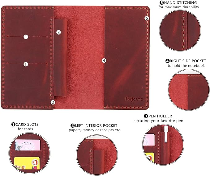 Leather Notebook Cover for Field Notes, Handmade Journal Cover for Moleskine Cahier Journal, Leather Cover with Pen Holder fits 3.5" x 5.5" Pocket Notebook - Wine
