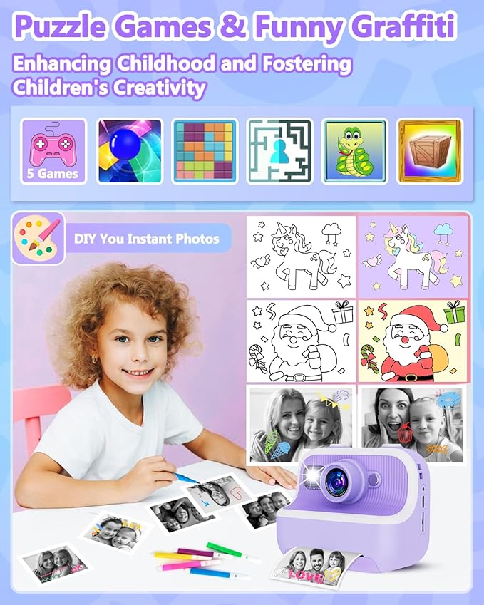 Instant Print Camera for Kids, Christmas Birthday Gifts for Girls Boys, Kids Camera Instant Print with Dual Cameras 1080P Digital Camera Toys for 4 5 6 7 8 9 10 Year Old Girl with 32GB SD Card-Purple