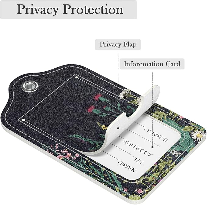 Luggage Tags for Suitcase, 2 Pack PU Leather Travel Cruise Luggage Tag with Privacy Flap, Name ID Label and Metal Loop for Women Men Suitcase Baggage Bag Backpack Instrument, Midnight Flowers