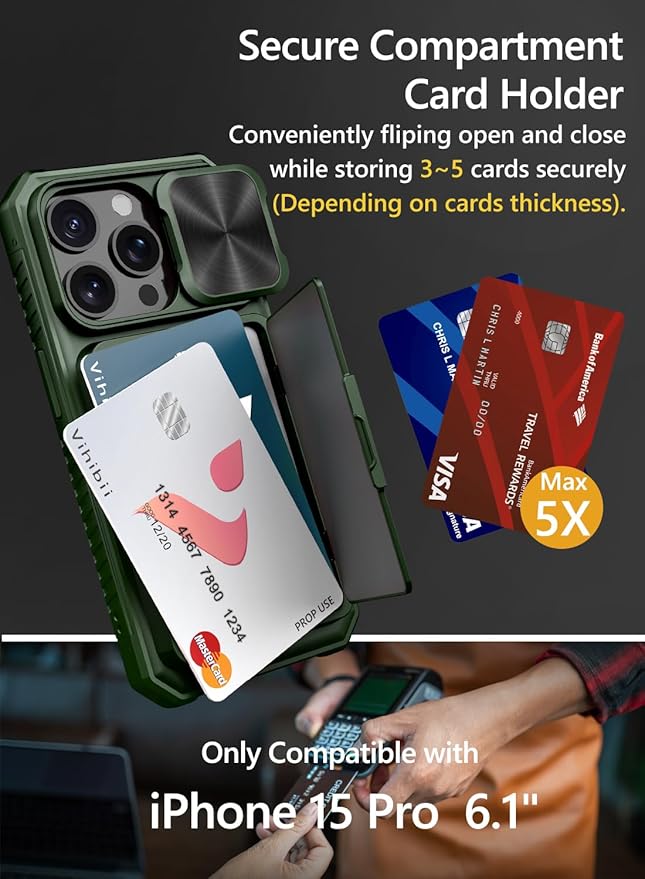 Vihibii for iPhone 15 Pro Case Wallet with Card Holder (4 Cards) & Slide Camera Lens Cover & Kickstand & Raised Edges Protective Screen, Rugged Durable Phone Case for iPhone 15 Pro 5G 6.1" 2023, Green