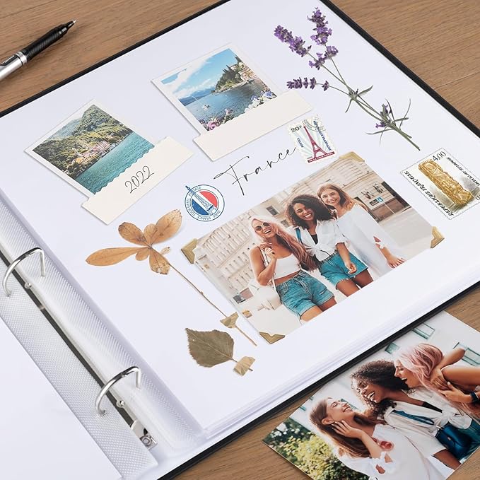 12x12 Inch Large 3 Ring DIY Scrapbook Photo Album Journal with 30 Plastic Sleeves 60 Pages and Fabric Cover for Baby Travel Wedding Anniversary kids Adventure (Black Cover/White Pages)