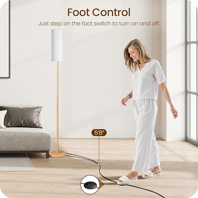 Wooden Textured Pole Lamp, Dimmable Floor Lamps for Living Room with Remote and Foot Switch, 64.4” Standing Tall Lamp, Corner Floor Light for Bedroom, Bulb Included, 3000K-6500K, FCC Listed XE06LD05W1