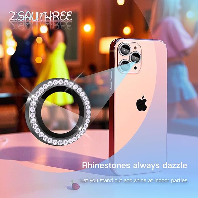 Camera Lens Protector Bling Compatible for iPhone 16 Pro/iPhone 16 Pro Max,9H Tempered Glass Camera Cover Screen Protector,HD Clear,Aluminum Alloy Ring Decoration (Diamond Black)