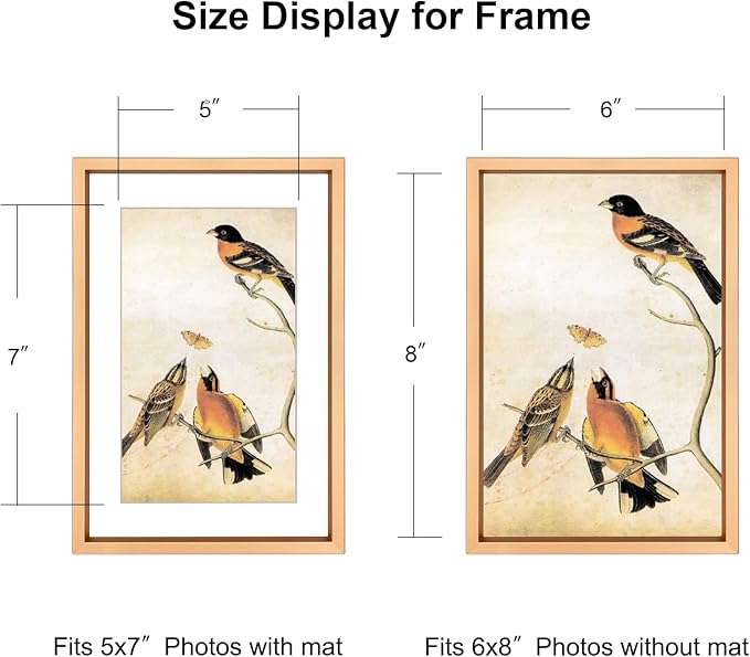 BKABOT 6x8 Picture Frame, Gold Aluminum Metal Photo Frames with HD Glass, Fits 5x7 with Mat or 6 x 8 without Mat, Display for Wall and Table