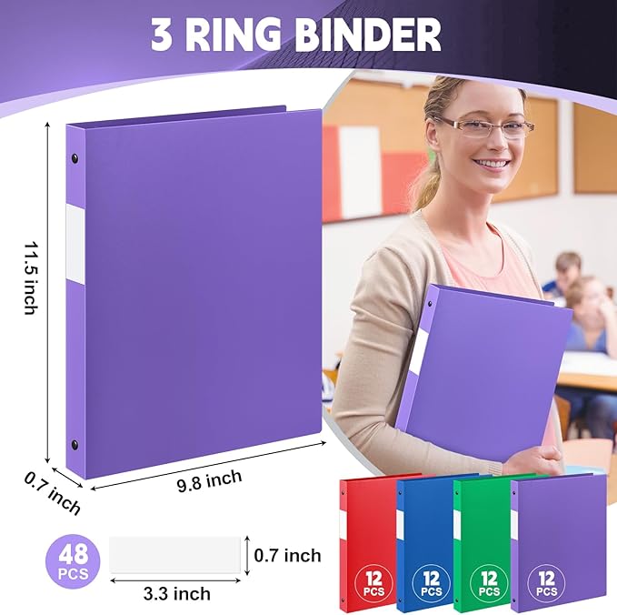 Henoyso 48 Pcs 3 Ring Binder 1/2'' Round Fits Letter Size 8.5'' x 11'' Paper Plastic Flexible Binder Holds 140 Sheets with 1 Pockets Versatile Organizer for Home Office School (Blue Green Purple Red)