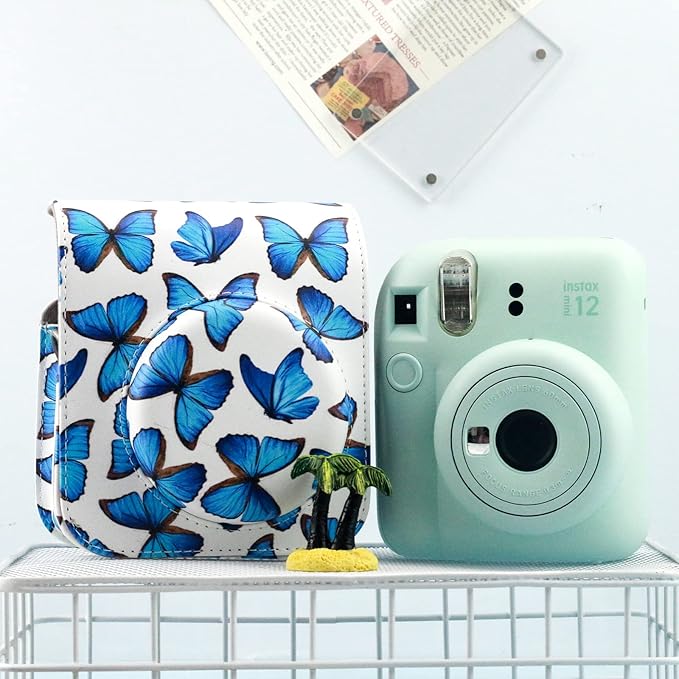 Frankmate Protective Case Compatible with Fujifilm Instax Mini 12 Instant Film Camera with Accessory Pocket and Adjustable Strap (Blue Butterfly)