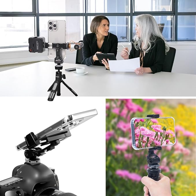 Metal Phone Tripod Mount Adapter with Cold Shoe, 360° Swivel 180° Tilt, Phone Holder Clamp Compatible with iPhone 16, 15 Pro Max Galaxy S24, etc. Free Adjustment Joints