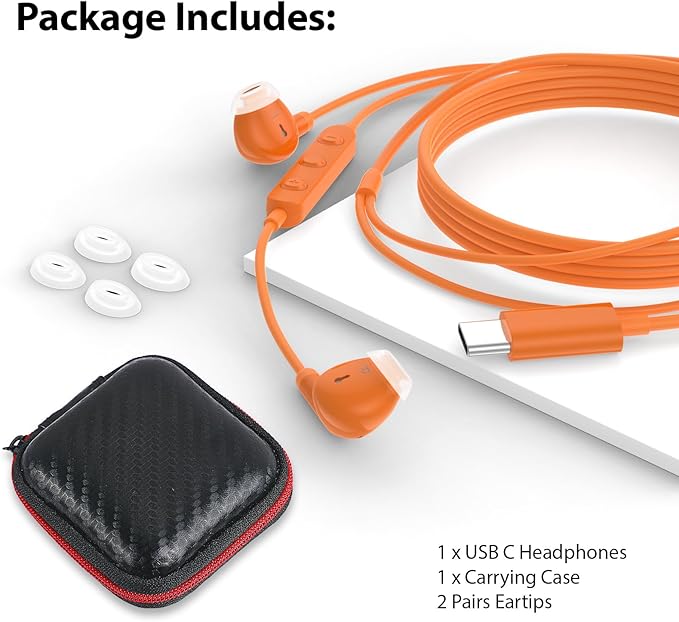 USB C Earbuds Wired USB Type-C Headphones for Apple iPhone 17 16 15 Pro/iPad 10th Generation for Galaxy S26 Pixel 10 Earphones with Microphone Volume Control Noise Isolating HiFi Stereo Headset Orange