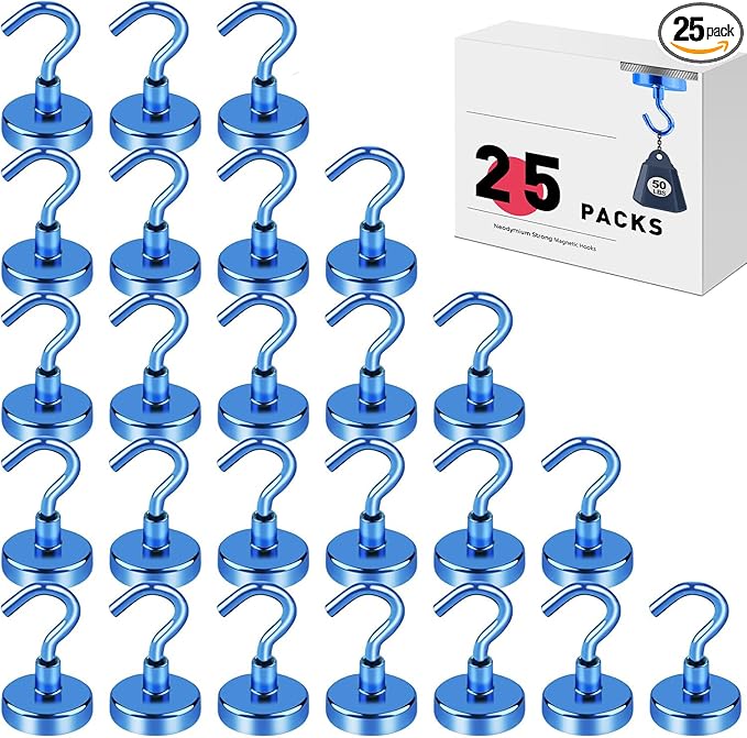 LOVIMAG Magnetic Hooks for Cruise Cabins, 50lbs Blue Magnetic Hooks for Classroom, Strong Magnets with Hooks for Hanging, Neodymium Magnet Hooks for Fridge, Ceiling, Locker, Camper, Travel-25 Pcs