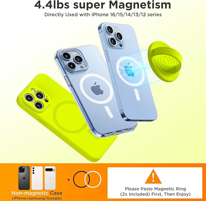 Upgraded Magnetic Phone Grip, Liquid Silicone Soft and Portable, Removable Finger Loop Ring Grip Holder for iPhone, Strong Magnetic Attraction, Compatible with MagSafe Phone Case, Neon Yellow