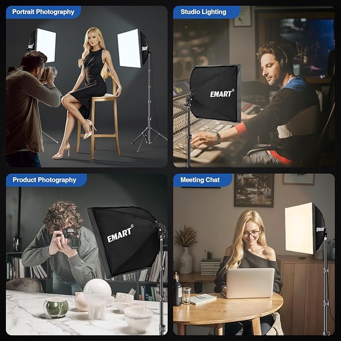 EMART Softbox Lighting Kit, 16"X16" Soft Box, 3000K-6000K 85W LED Bulbs with Remote, 65" Tripod, Professional Softbox Photography Lighting Kit for Studio Lights, Portrait, Video Recording(2PACK)