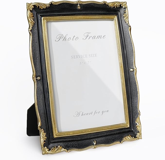 Cuspin 5x7 Picture Frame Black and Gold Frames, Vintage Ornate Textured Hand-Crafted Resin Photo Frame with Glass Front, Decorative Picture Frame for Wall & Tabletop, Retro Frame Home Decor