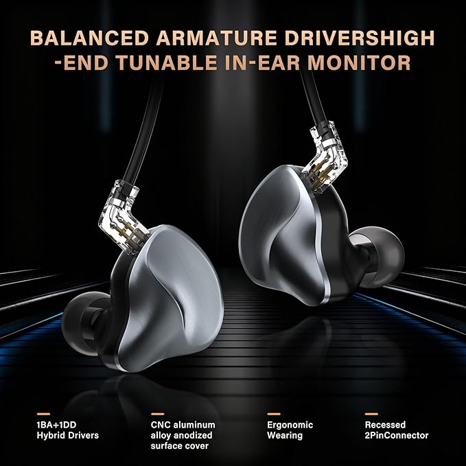 in Ear Monitors Earphones Wired IEM Headphones Without Microphone,1DD+1BA HiFi Bass,4N OFC Detachable Cable,Noise Isolating Earbuds for Musicians,Singers,Studio,Gaming,Stage Monitors,DJ,PC,PS5