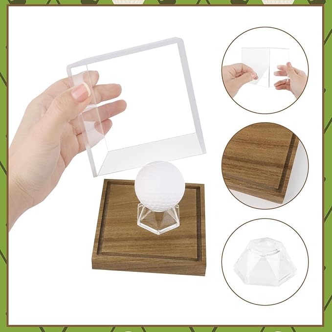 Clear Acrylic Golf Ball Display Case with Wood Base & Acrylic Holder, Memorabilia Stand Cube Holder, Dust Protection Transparent Storage Box for Single Ball Souvenir Golfball Collections