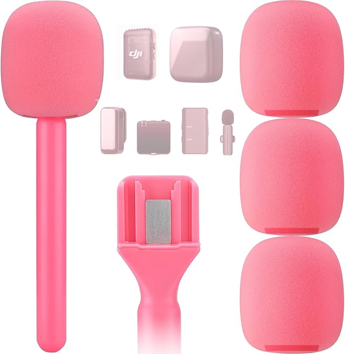 Facmogu Handheld Wireless Mic Stand with 3PCS Foam Cover, Handle for DJI RODE Microphone, Microphone Handle Handheld for Rode Wireless Go II/Pro/More Wireless Mics - Pink