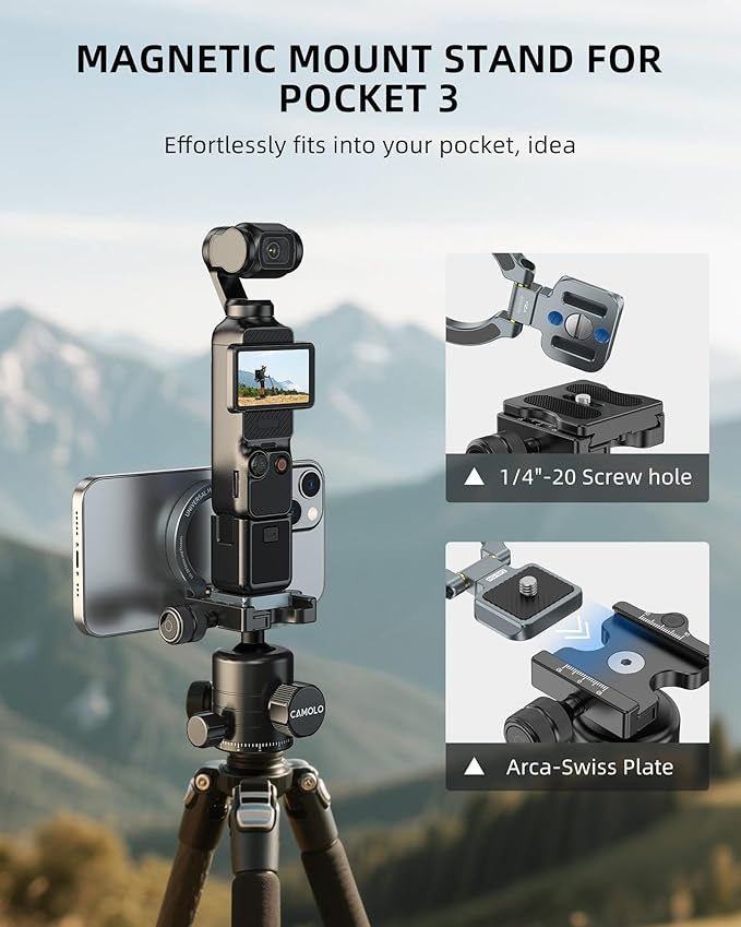 Magnetic Mount Stand Compatible with DJI Osmo Pocket 3, MG-OP3 Pocket3 Adapter Magnet Expansion Phone Holder with 1/4”-20, Arca-Swiss Aluminum Alloy Bracket