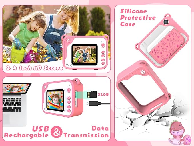 Kids Instant Print Camera for Toddlers - Ink Free Printing, Dinosaur Design, Perfect for Boys & Girls Aged 3-12 (Pink)