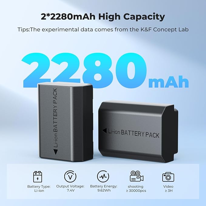 K&F CONCEPT NP-FZ100 2280mAH Battery and Dual Slot Charger Set for Sony A7iii, A7iv, A7C, A6700, A6600, ZV-E1, ZV-E10ii, FX3, FX30, A9, Alpha 9, Alpha 9S, A9S, A7R3, A7R4 Camera Batteries