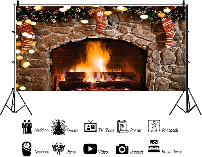 CSFOTO 20x10ft Vintage Brown Brick Wall Burning Fireplace Background Gold Glitter Sequins Country Farm Christmas Living Room Decoration Background Winter House Photo Studio Props
