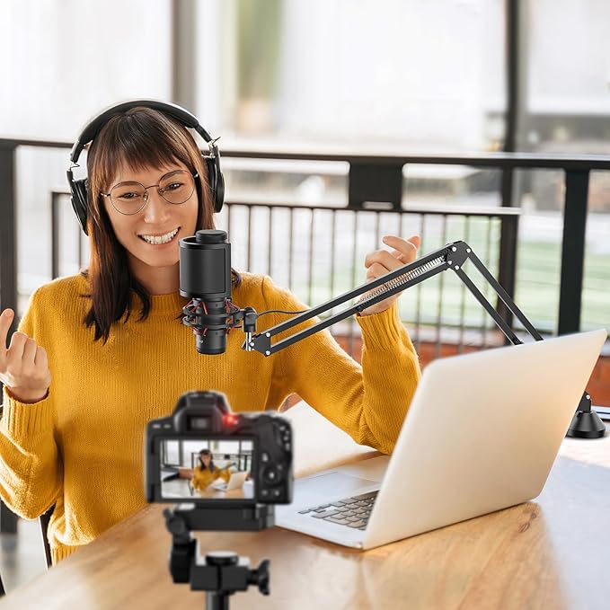 TONOR Microphone Boom Arm, Adjustable Microfono Stand Mic Arm with Extra-large Pop Filter, 3/8’’ and 5/8’’ Screwadapter, Equipment for Podcast, Recording, Streaming, 35cm+35cm, T10