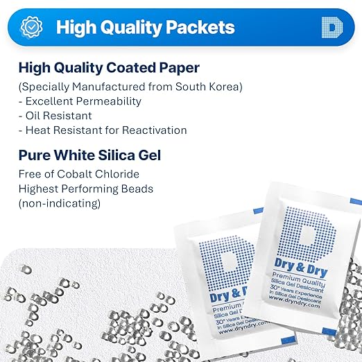 Dry & Dry 5 Gram [50 Packets] Silica Gel Packets Silica Gel Desiccants, Silica Gel Packs - Rechargeable (Food Safe) Silica Gel Packets, Silica Packets