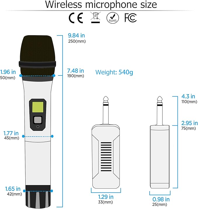 Bietrun UHF Wireless Microphone with 1/4'' Plug Rechargeable Receiver, 160 Feet, Professional Metal Dual Handheld Cordless Dynamic Mic System for Karaoke, Wedding, Singing, DJ, Party, Speech, Church