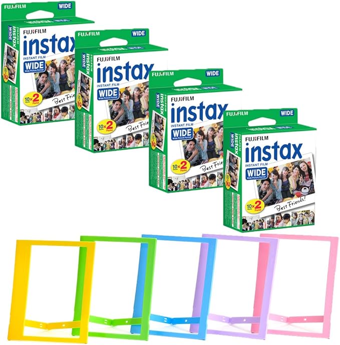 FUJIFILM INSTAX Wide Instant Film + Plastic Photo Frames (Blue, Green, Pink, Yellow & Purple – Deluxe Bundle (80 Film)