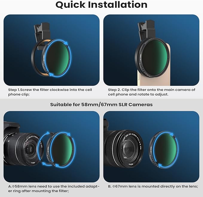 67mm Variable ND2-400 Filter for Phone/DSLR, HD Adjustable Neutral Density Filter with Universal Clip,Adapter Ring, Lens Attachment for iPhone 16 15 14 13 12 Samsung Pixel and Other Smartphones/Camera