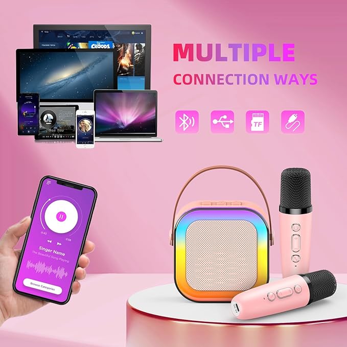 Karaoke Machine for Kids, Kids Karaoke Machine for Girls with 2 Wireless Microphones Mini Portable Bluetooth Speaker Kids Karaoke Machine Gifts for Girls and Boys Family Party (Pink)