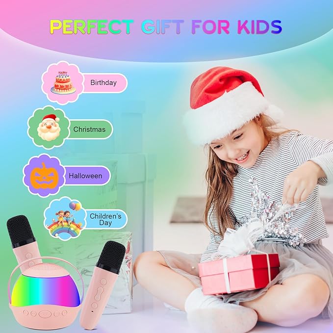 Karaoke Machine for Kids Adults,Portable Bluetooth Mini Karaoke Microphone Singing Speaker with 2 Wireless Mic and Light,Toys for All Smartphones,Birthday,Family,Home Party