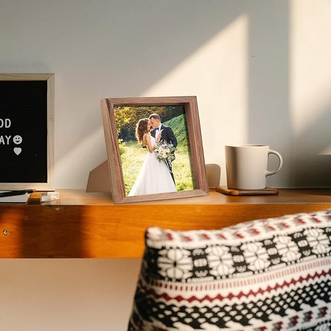 8 x 8 Brown Picture Frame Solid Wood with HD Glass Square Horizontal & Vertical Formats for Wall Mounting or Tabletop Display Gift Family Office Wedding Home Gallery Country Farmhouse Collage Decor