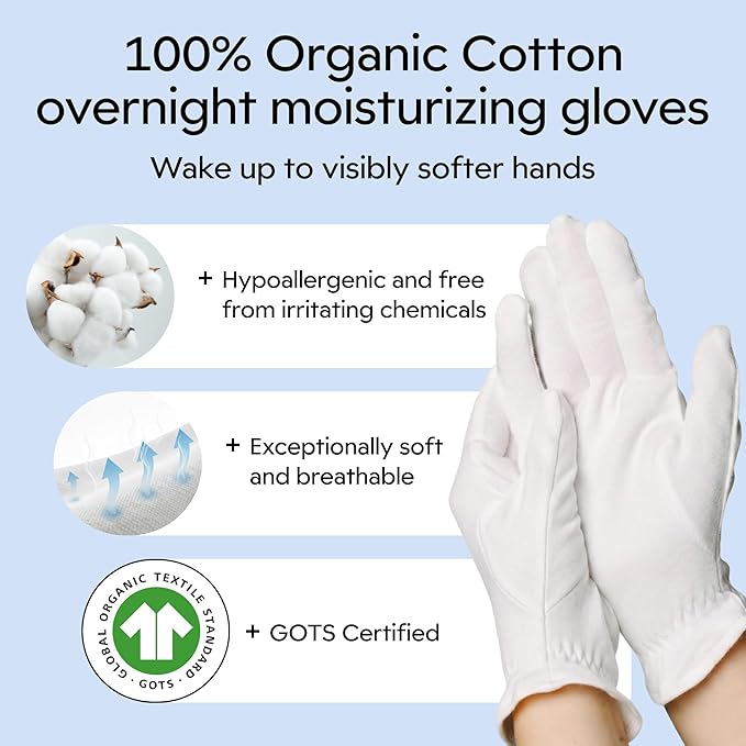 Clearbody Organics Organic Cotton Gloves - 5 Pairs, Large, White - Moisturizing Gloves for Dry Hands - Cotton Liners for Overnight Hydration