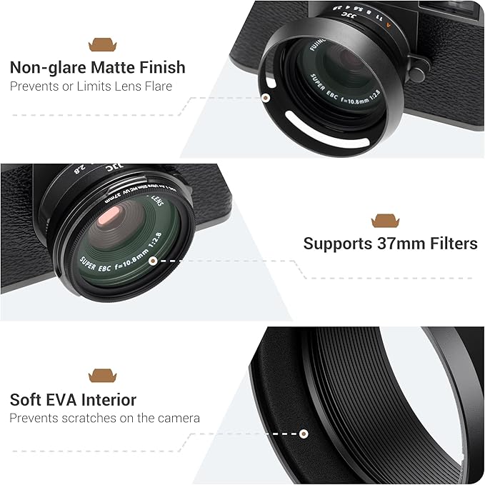 JJC Metal Lens Hood Sun Shade with 37mm Filter Adapter Ring for Fuji Fujifilm X Half XHalf Digital Camera, X Half Camera Lens Protector & Filter Converter, Black Color