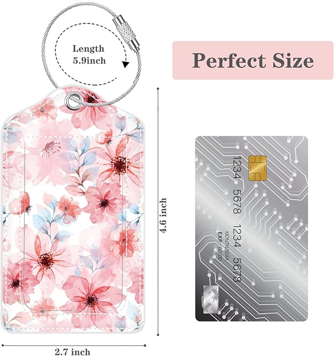 (Set of 2) Luggage Tag Leather Privacy Cover ID Label Address Card with Stainless Steel Loop, Travel Bag Tags Suitcase Labels, Misty Pink