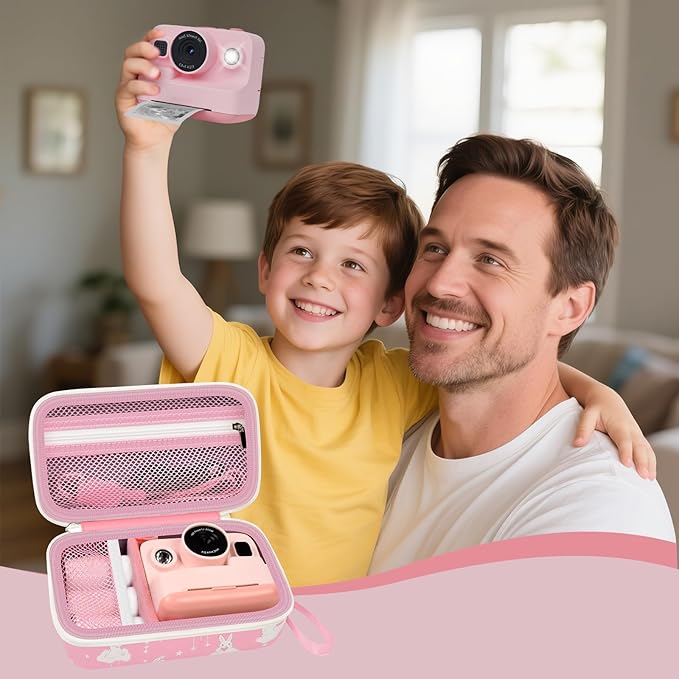 Case Compatible with DYLANTO for ESOXOFFORE for ETIKEZ for YTETCN for DUDUDRAGON Instant Print Camera, Kids Camera Storage for Accessories (Box Only) (Case and 3 Paper Rolls, Pink-Rabbit)
