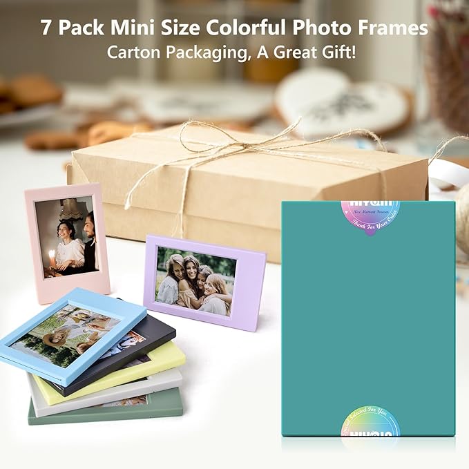 HIYQIN 7 Packs 2x3 Mini Photo Frame for Instax Mini EVO/12/11/Liplay/SE/Link 3/41/40/99/90/7+ Camera Film, Desk Stand Up Small Picture Frame with Clear Protective Film, 3-in Films Frame - Colorful