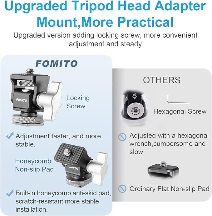 FOMITO Metal Camera Monitor Mount with 1/4" Serew and Cold Shoe, Rotary Adapter 360° Swivel Universal for Flash Speedlite, Field Monitor, LED Video Light, Microphone,etc- Gray Color